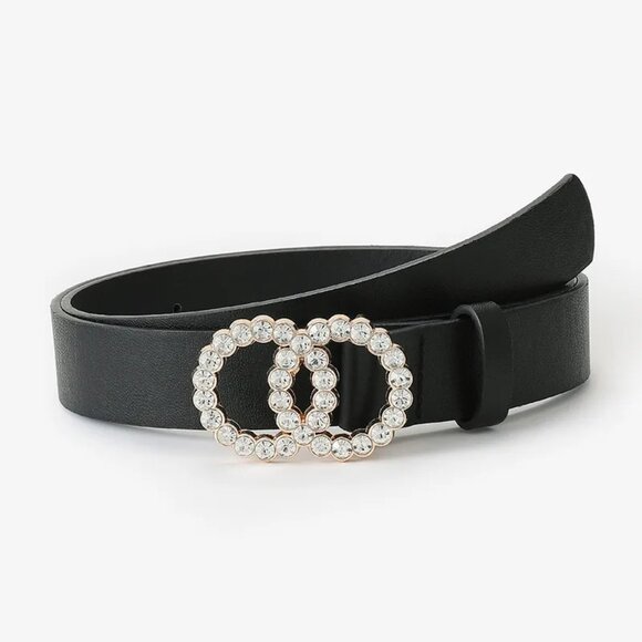 2/$30 Black PU Leather Waist Belt Rhinestone Double Circle Buckle Dress or Jeans - Picture 1 of 7